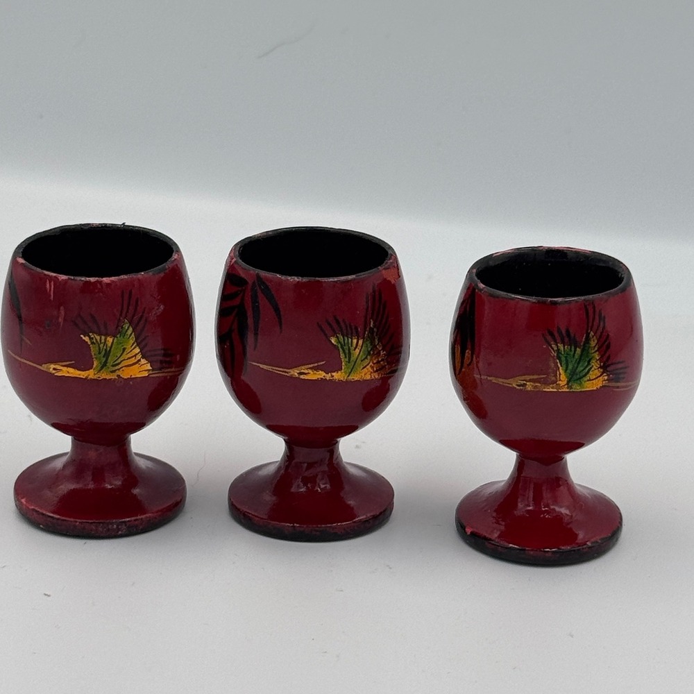 Vintage Hand Painted Wooden Egg Cups Red Lacquer Bird Bamboo 3 Asian Style